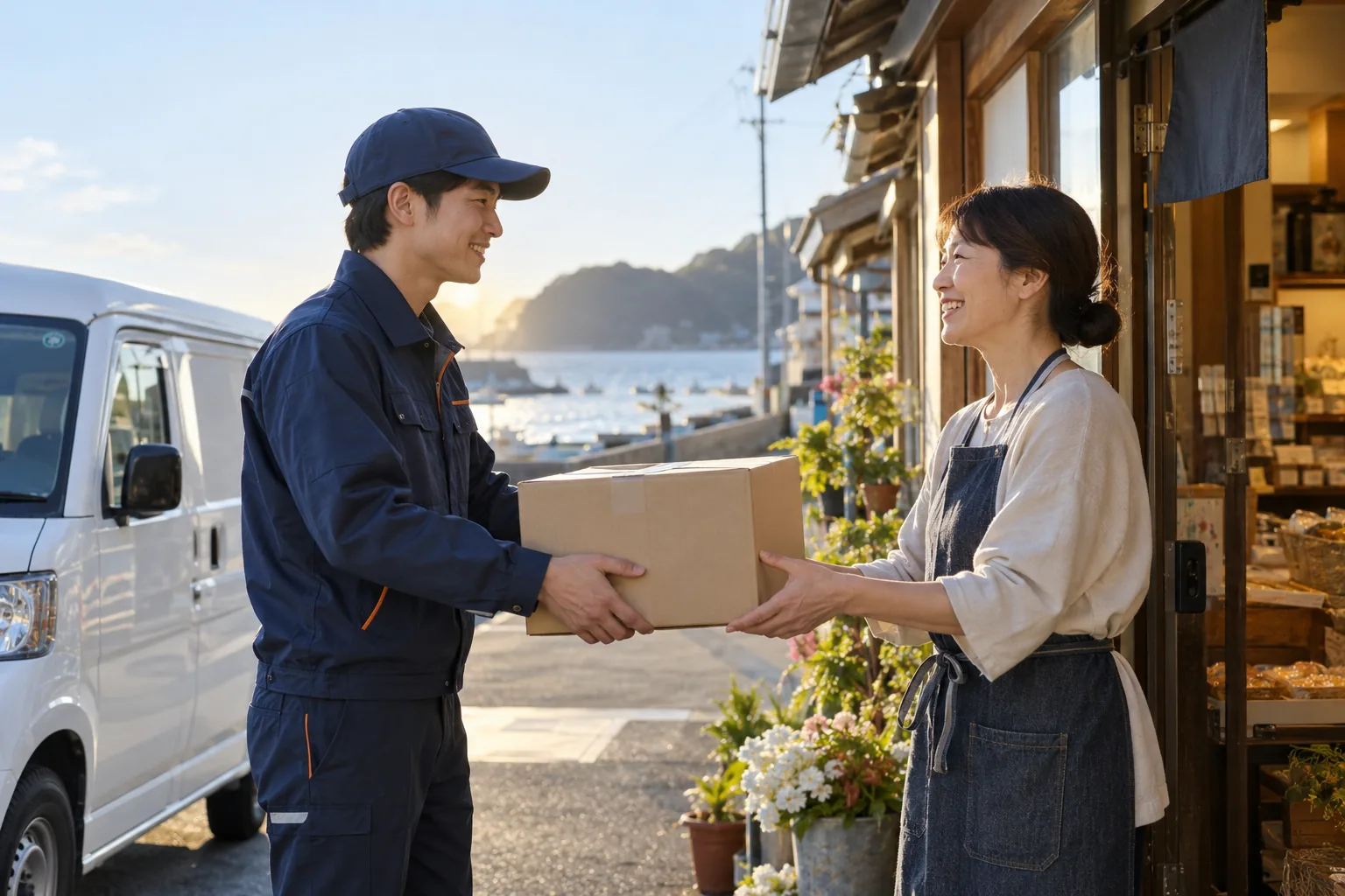 店舗へ荷物を手渡す配送スタッフ(コンセプトイメージ)